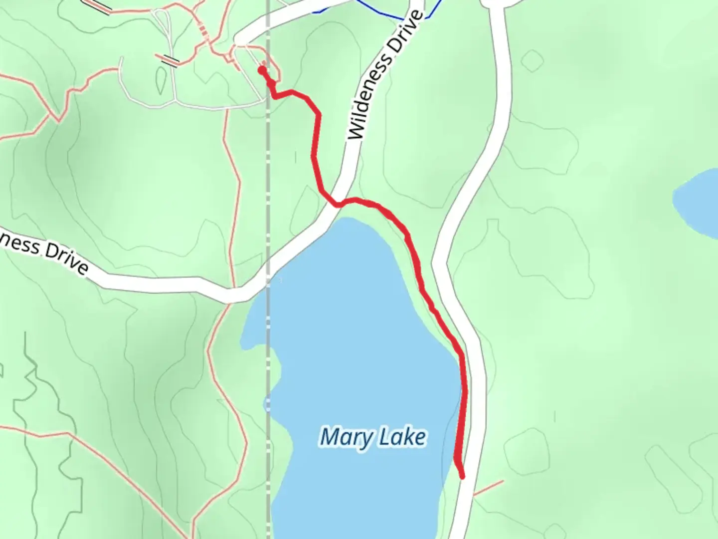 An image depicting the trail Mary Lake and its surrounding area.