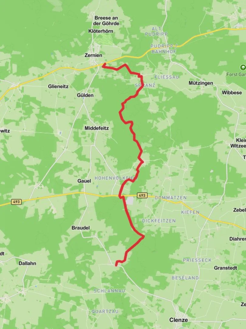 An image depicting the trail Zernien to Gohlefanz Walk via Hoher Mechtin and its surrounding area.