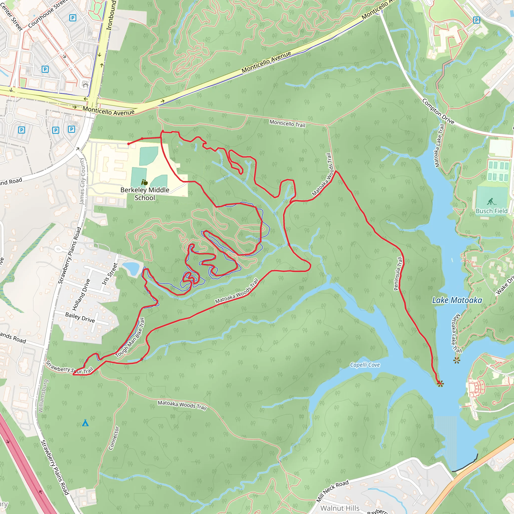 New, Peninsula and Matoaka Woods Loop Trail mobile static map