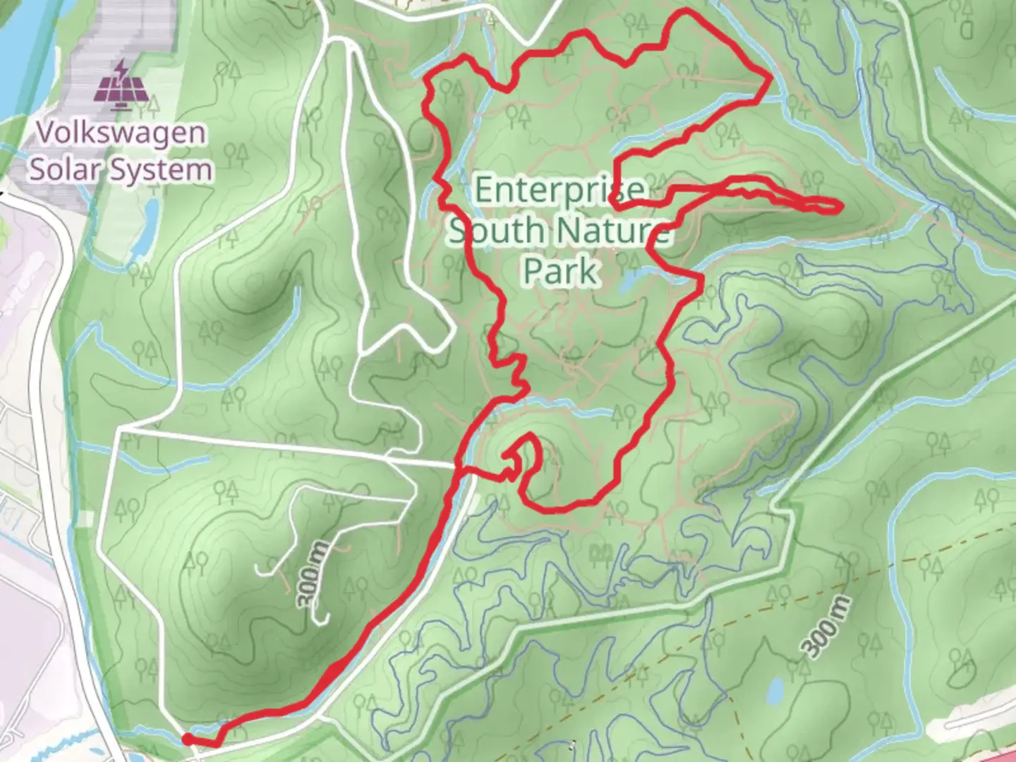 An image depicting the trail Poe Run Path, Deer Hollow and Hawks' Ridge Loop Trail and its surrounding area.