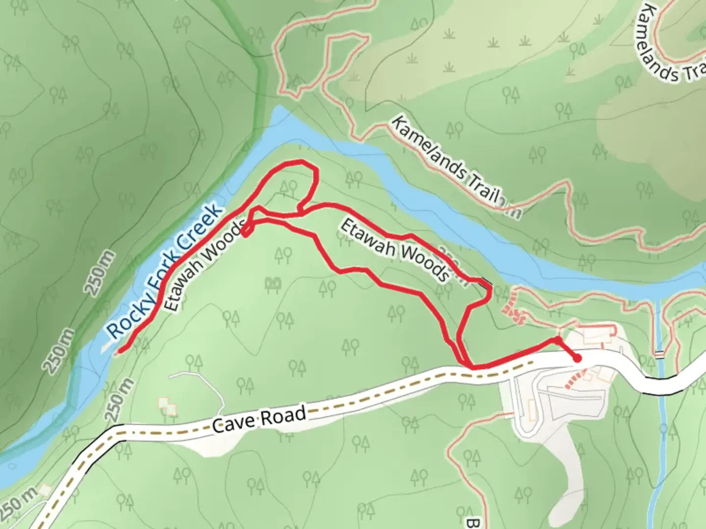 An image depicting the trail Etawah Woods Loop and its surrounding area.