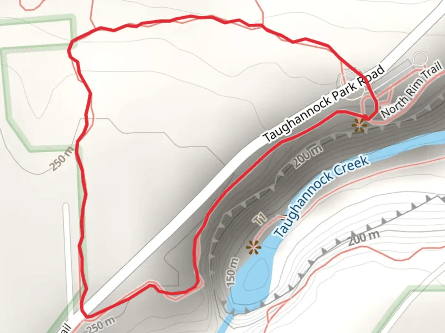 An image depicting the trail Taughannock Park Road and North Rim Trail Loop and its surrounding area.