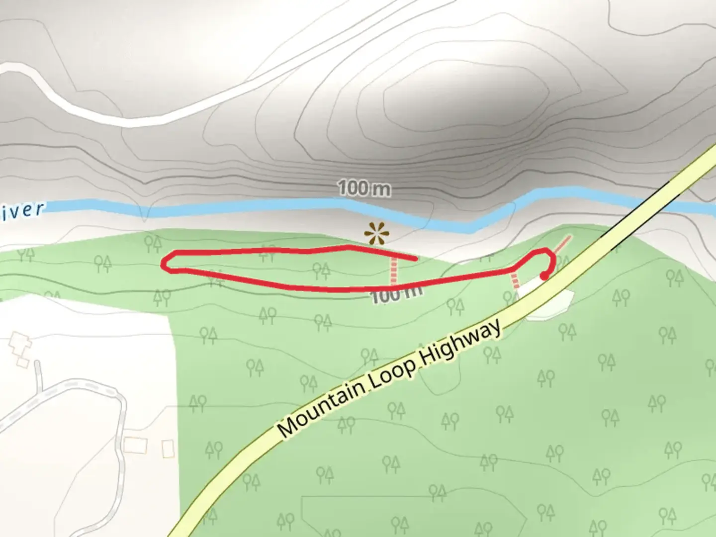An image depicting the trail Granite Falls Fish Ladder and its surrounding area.