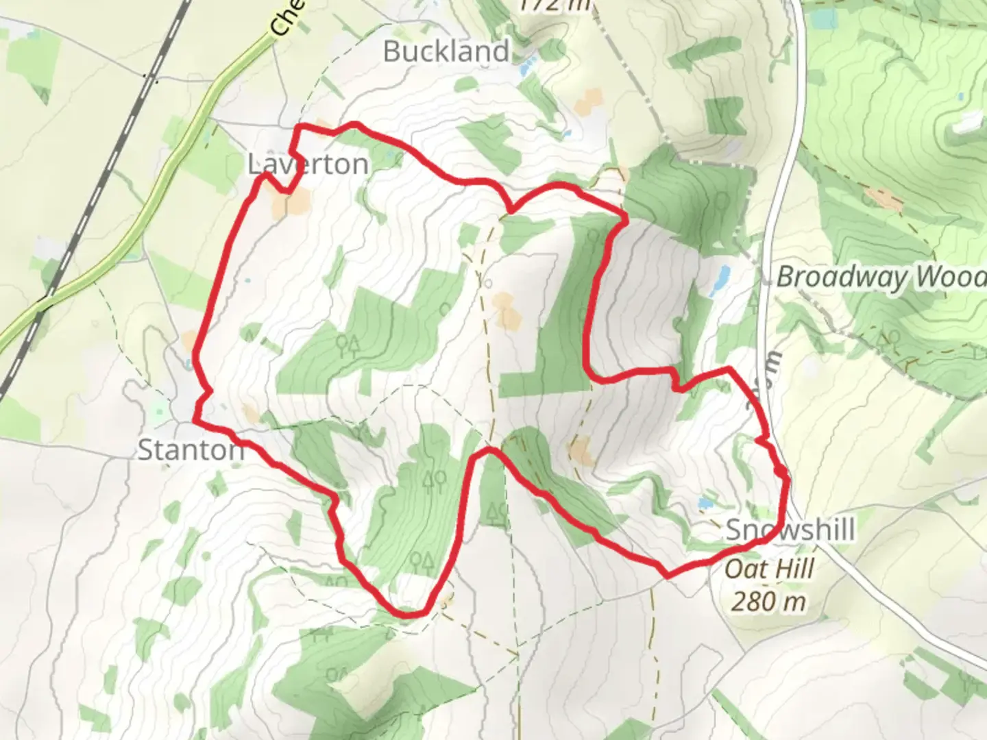 An image depicting the trail Snowshill - Stanton Loop and its surrounding area.