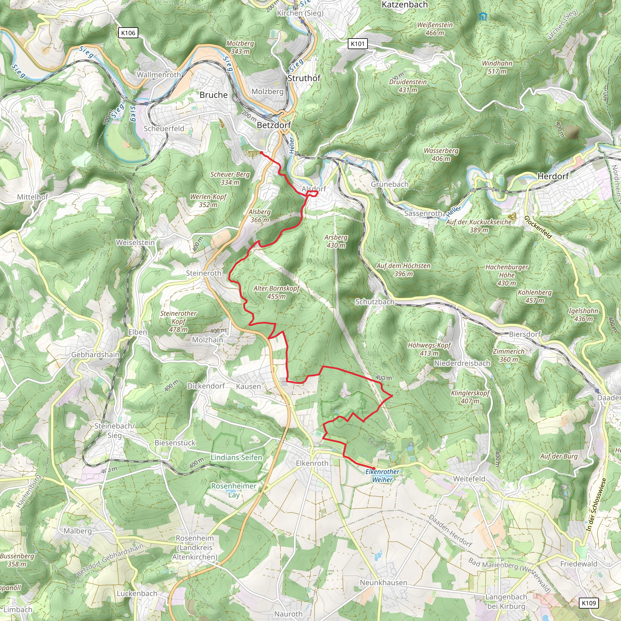 Elkenrother Weiher to Betzdorf via Druidensteig mobile static map