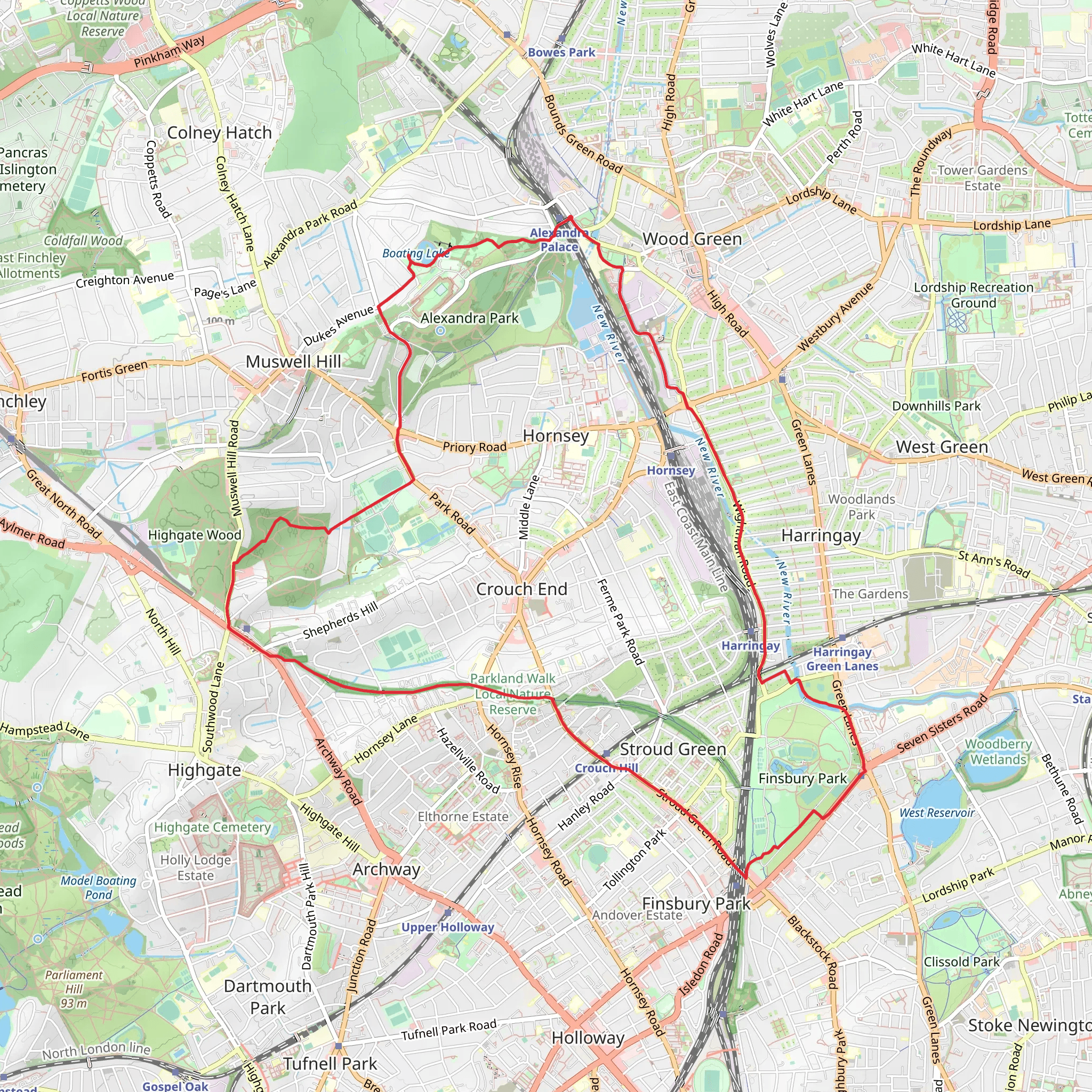 Queen's Wood, Parkland Walk LNR and Finsbury Park Loop mobile static map
