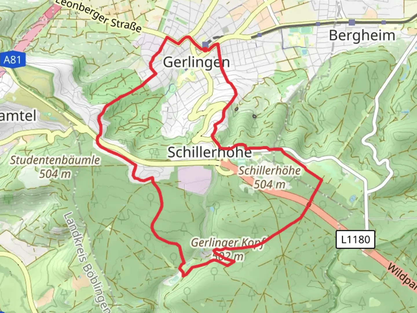An image depicting the trail Walderlebnispfad Gerlingen and Kuechenallee and its surrounding area.