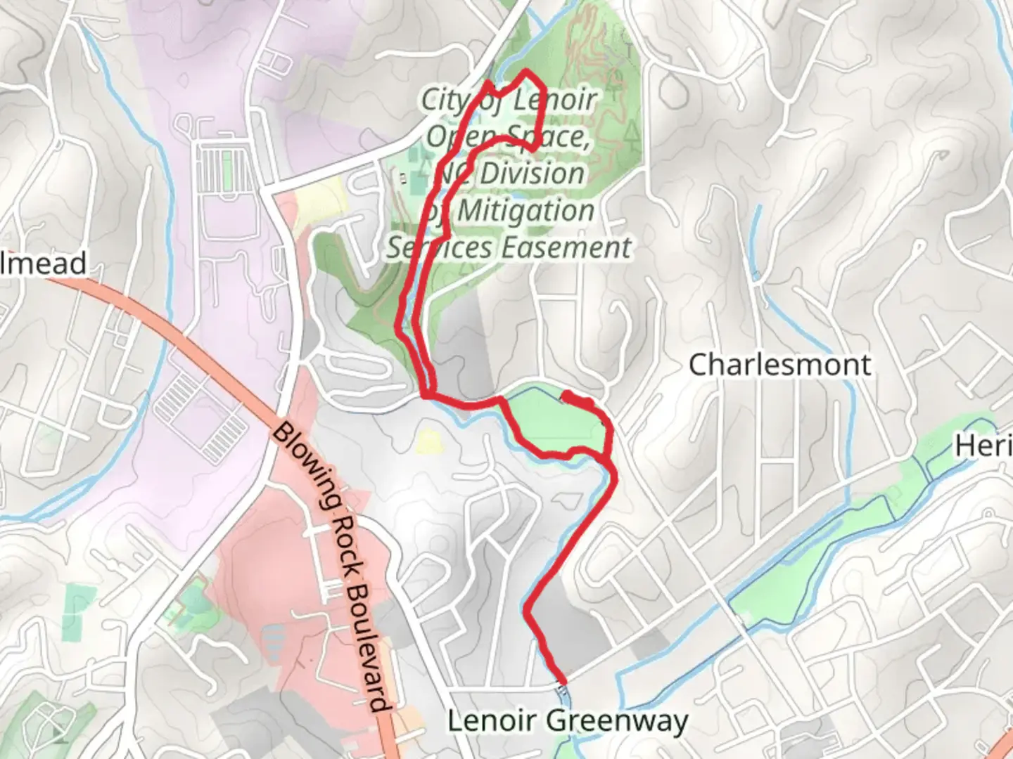 An image depicting the trail Lenoir Greenway Loop and its surrounding area.