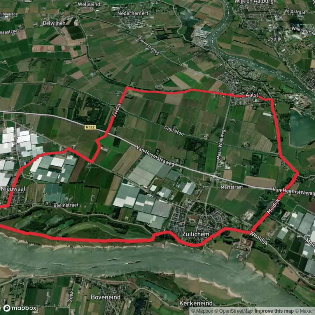An image depicting the trail Waal via Jordenpad, Hoge Weg and Nywelepad and its surrounding area.