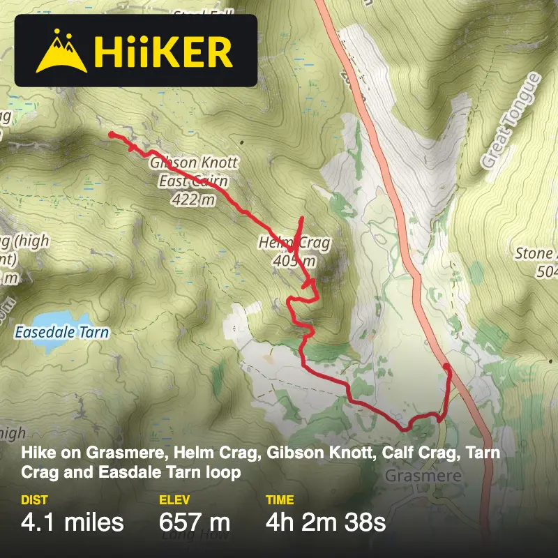 A map preview of the recording Hike on Grasmere, Helm Crag, Gibson Knott, Calf Crag, Tarn Crag and Easdale Tarn loop.