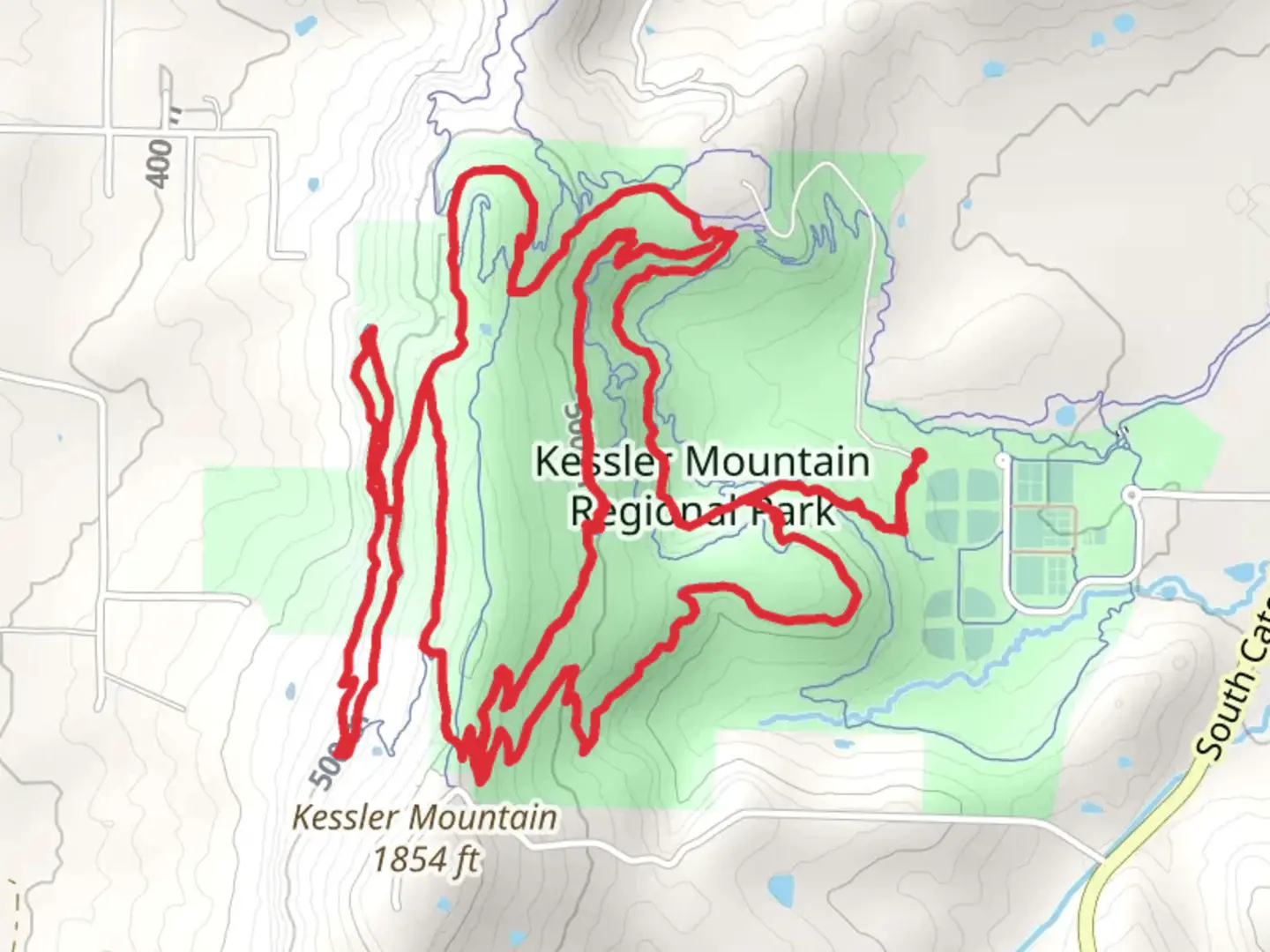 An image depicting the trail Chinkapin Oak, Crazy Mary and Western Myth Loop and its surrounding area.