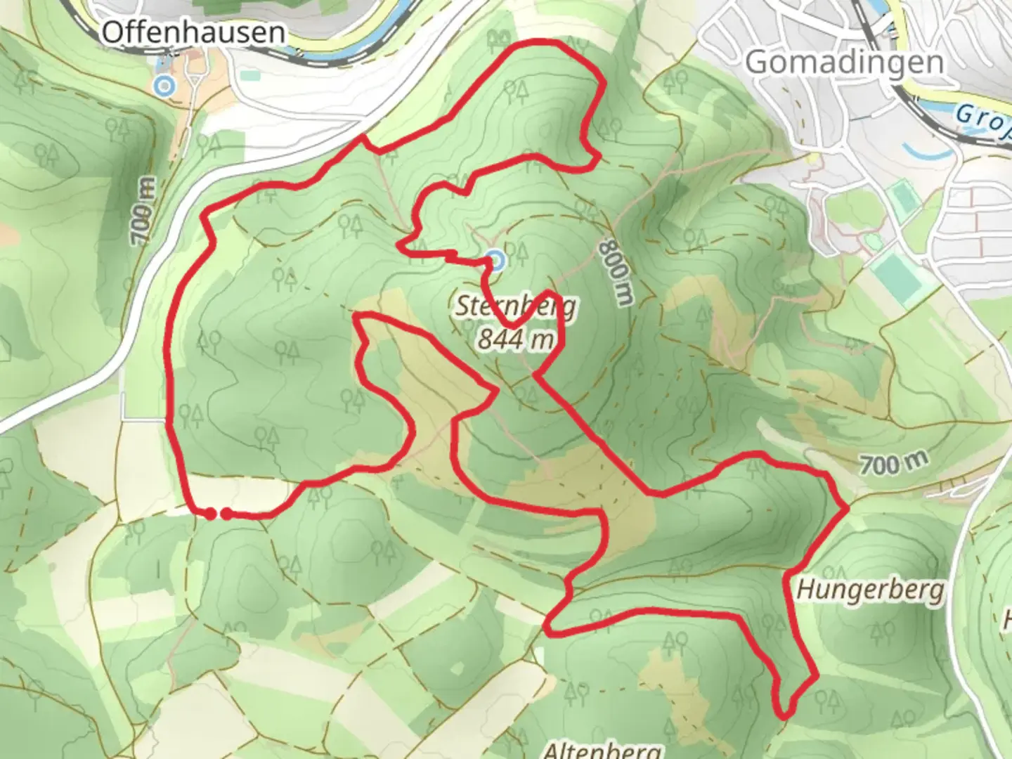 An image depicting the trail Sternberg Loop via Hochgehsprudelt and its surrounding area.