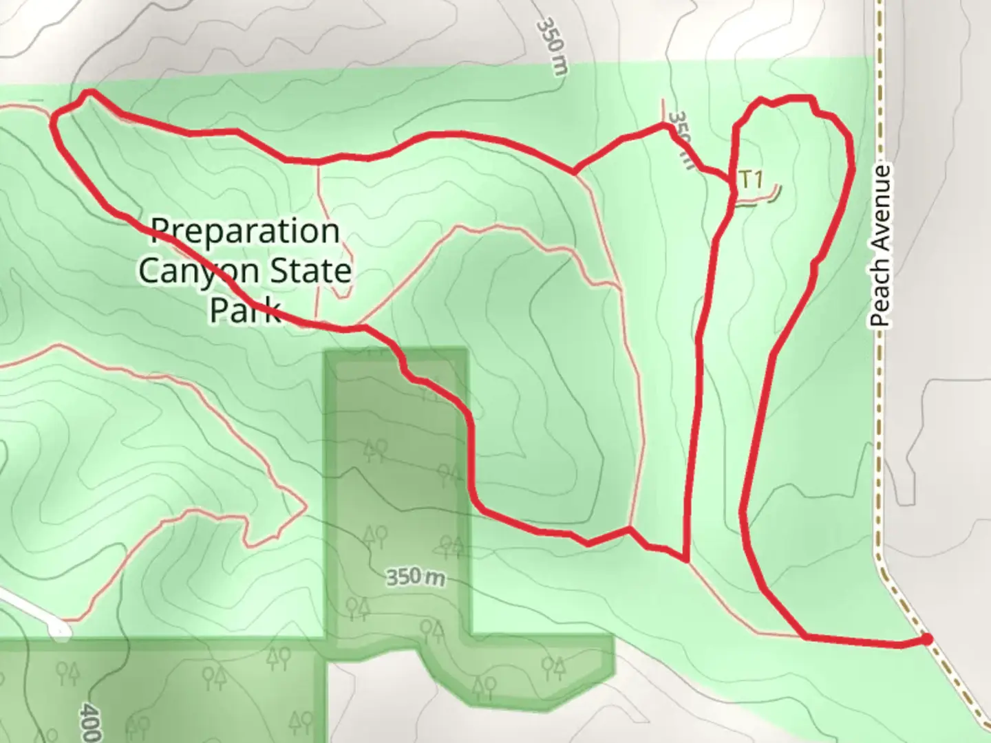 An image depicting the trail Preparation Canyon State Park Loop and its surrounding area.