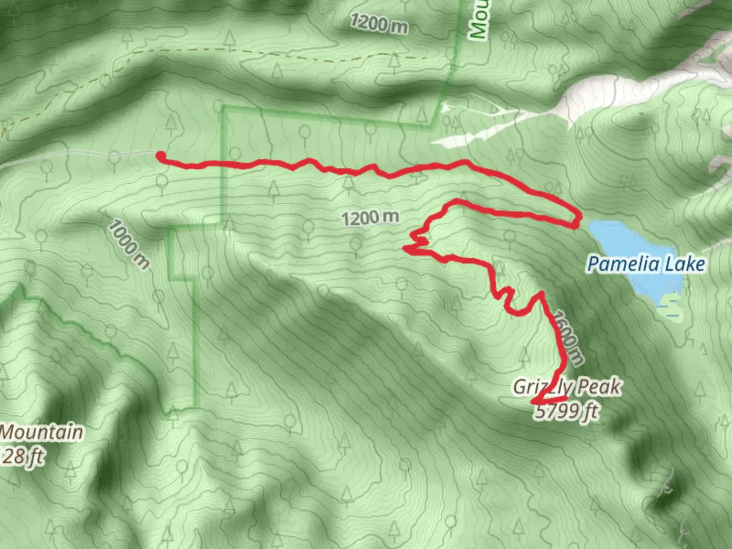 An image depicting the trail Pamelia Creek and Grizzly Peak via Pamelia Lake Trail and its surrounding area.