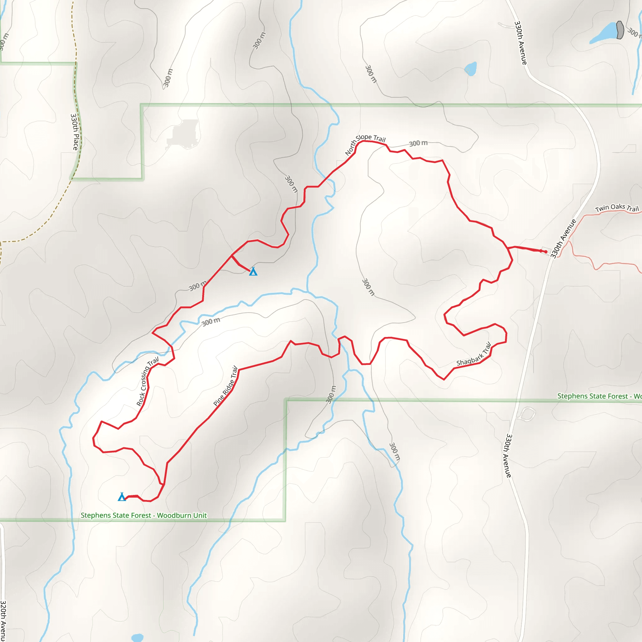Buck Stop Camp and Bottom Oak Camp Loop via Pine Ridge Trail and Rock Crossing Trail mobile static map