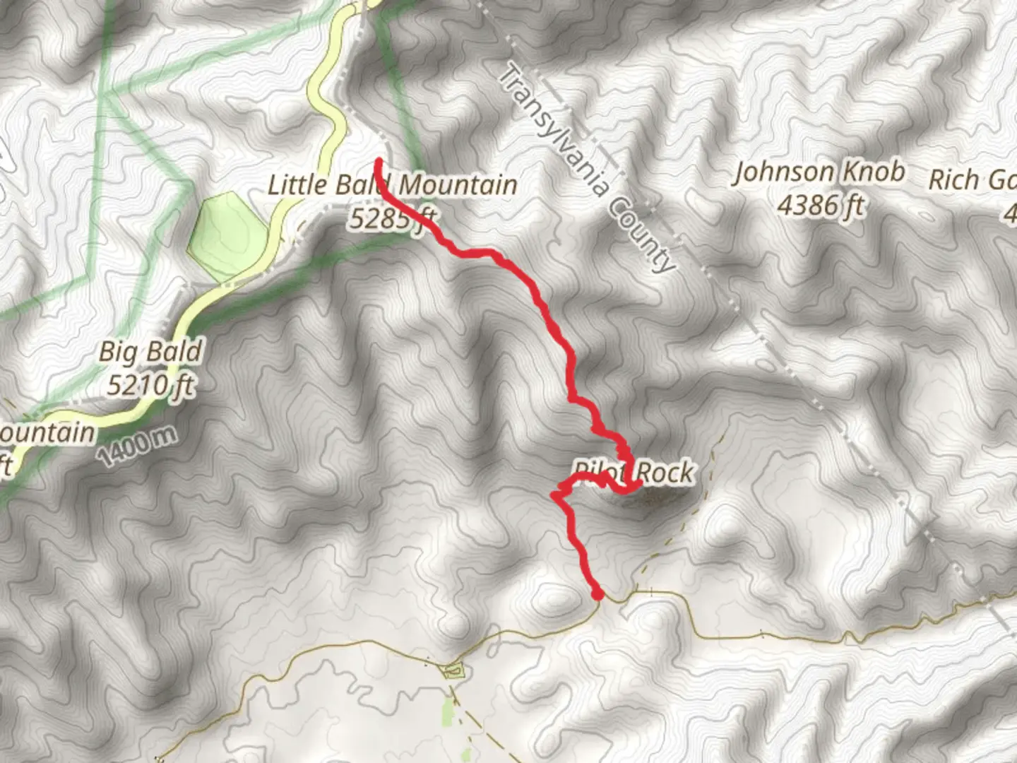 An image depicting the trail Little Bald Mountain via Pilot Rock Trail and its surrounding area.
