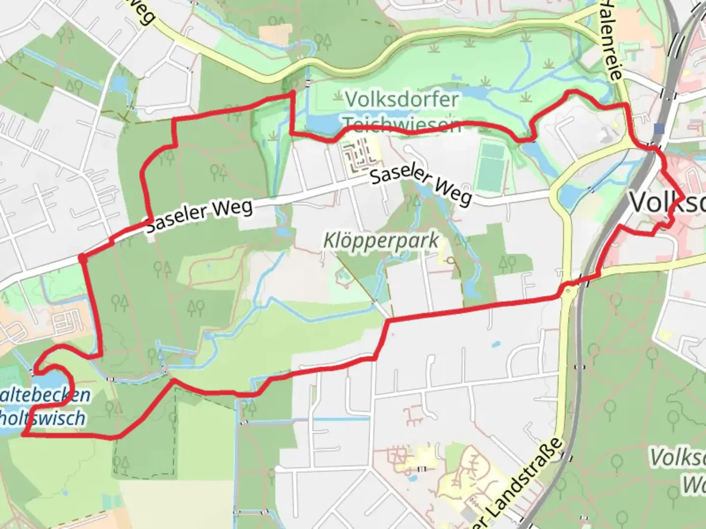 An image depicting the trail Rückhaltebecken Hochholtswisch, Großer Teich and Klopperpark Loop and its surrounding area.