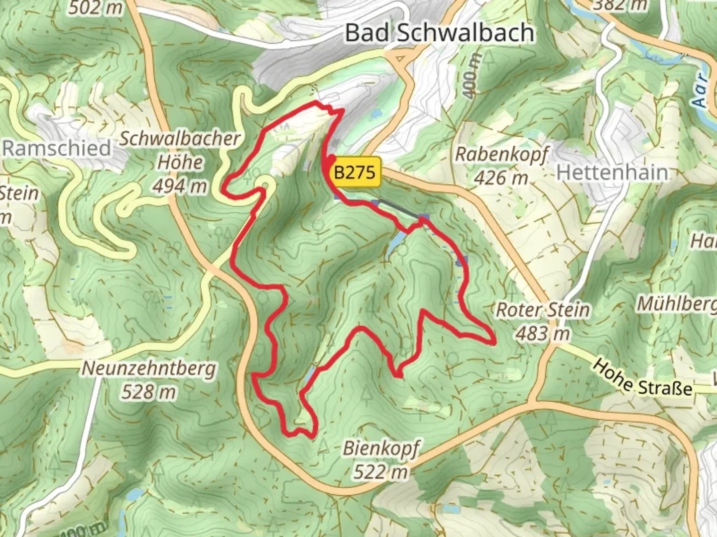 An image depicting the trail Waldsee Loop via Wanderweg Blauer Punkt and its surrounding area.