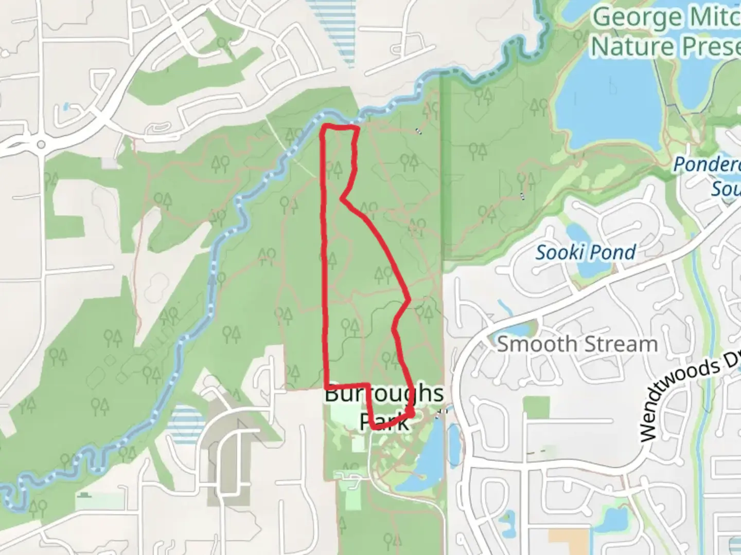 An image depicting the trail Burroughs Park Loop and its surrounding area.