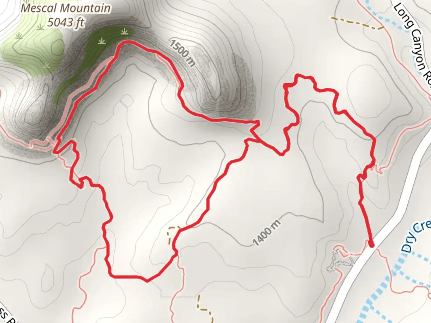 An image depicting the trail Mescal Mountain, Canyon of Fools Trail and Yucca Loop Trail and its surrounding area.