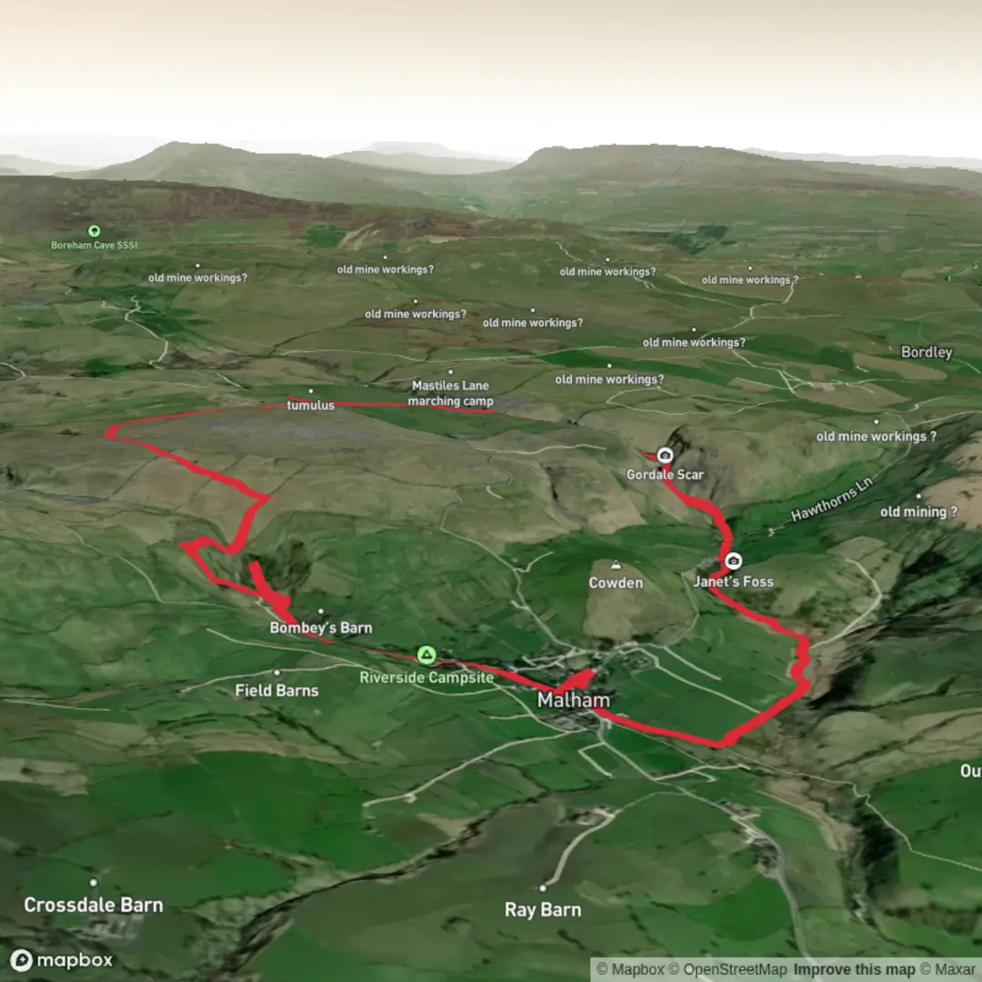 An image depicting the trail Janet's foss, Gordale Scar Scramble and Malham cove Circular and its surrounding area.