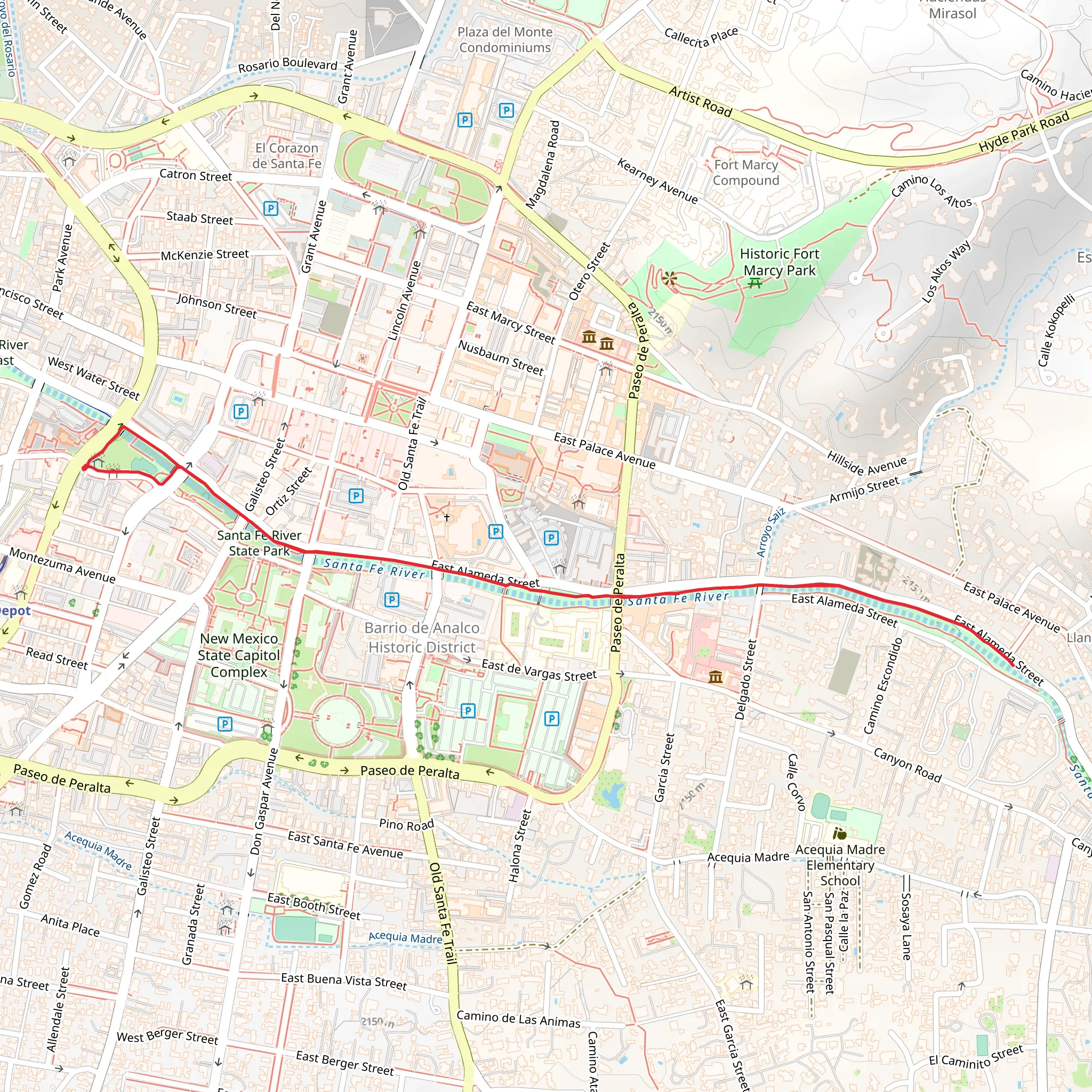 Walk along Santa Fe River from De Vargas Park mobile static map