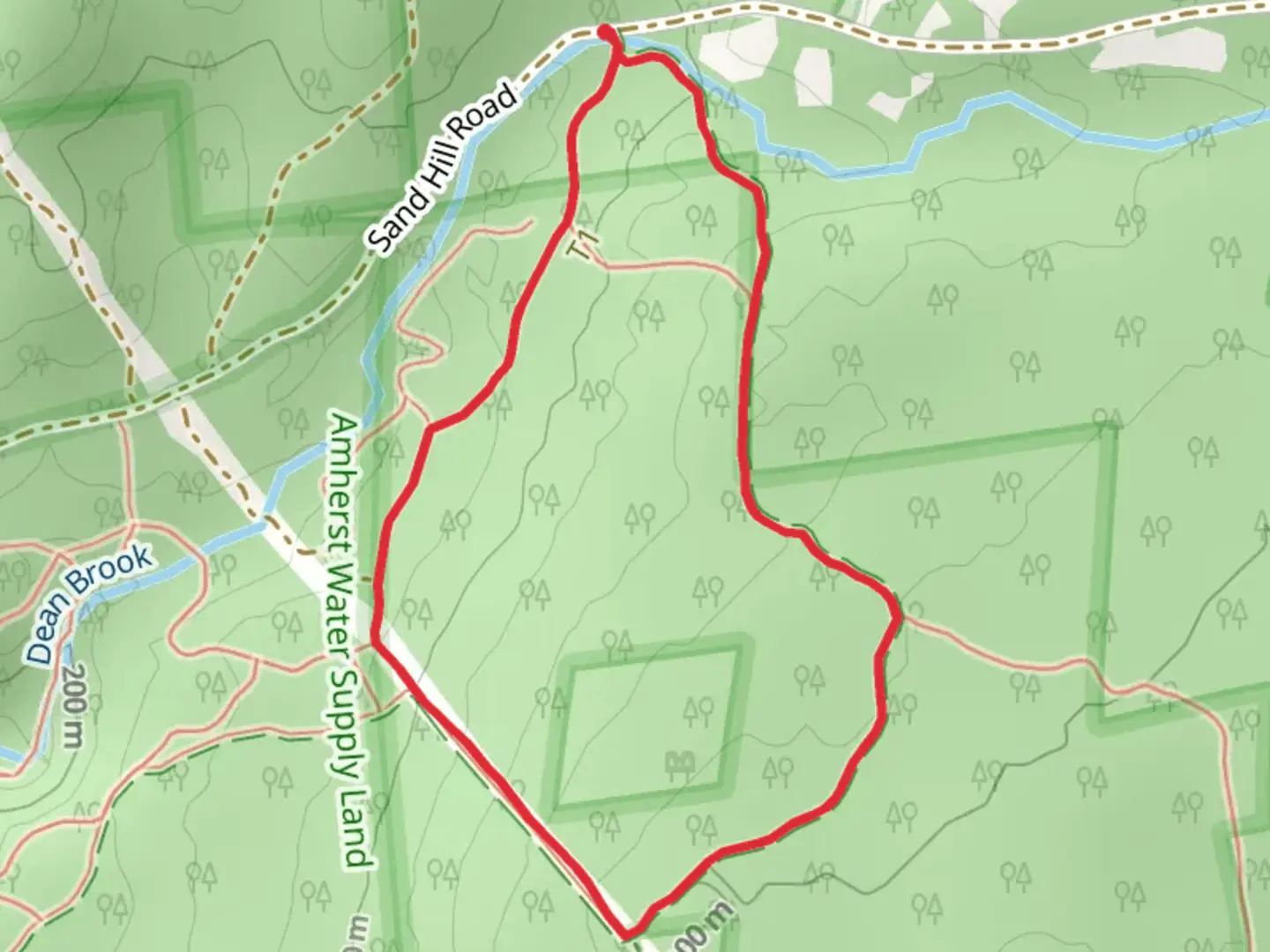 An image depicting the trail Amherst Watershed Loop and its surrounding area.