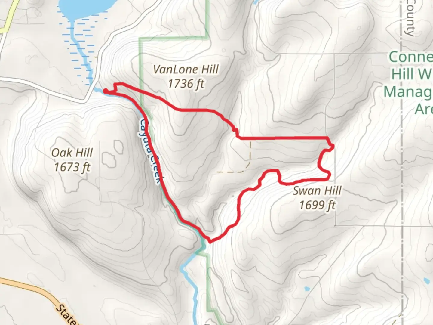 An image depicting the trail Cayuta Creek and Swan Hill Loop and its surrounding area.