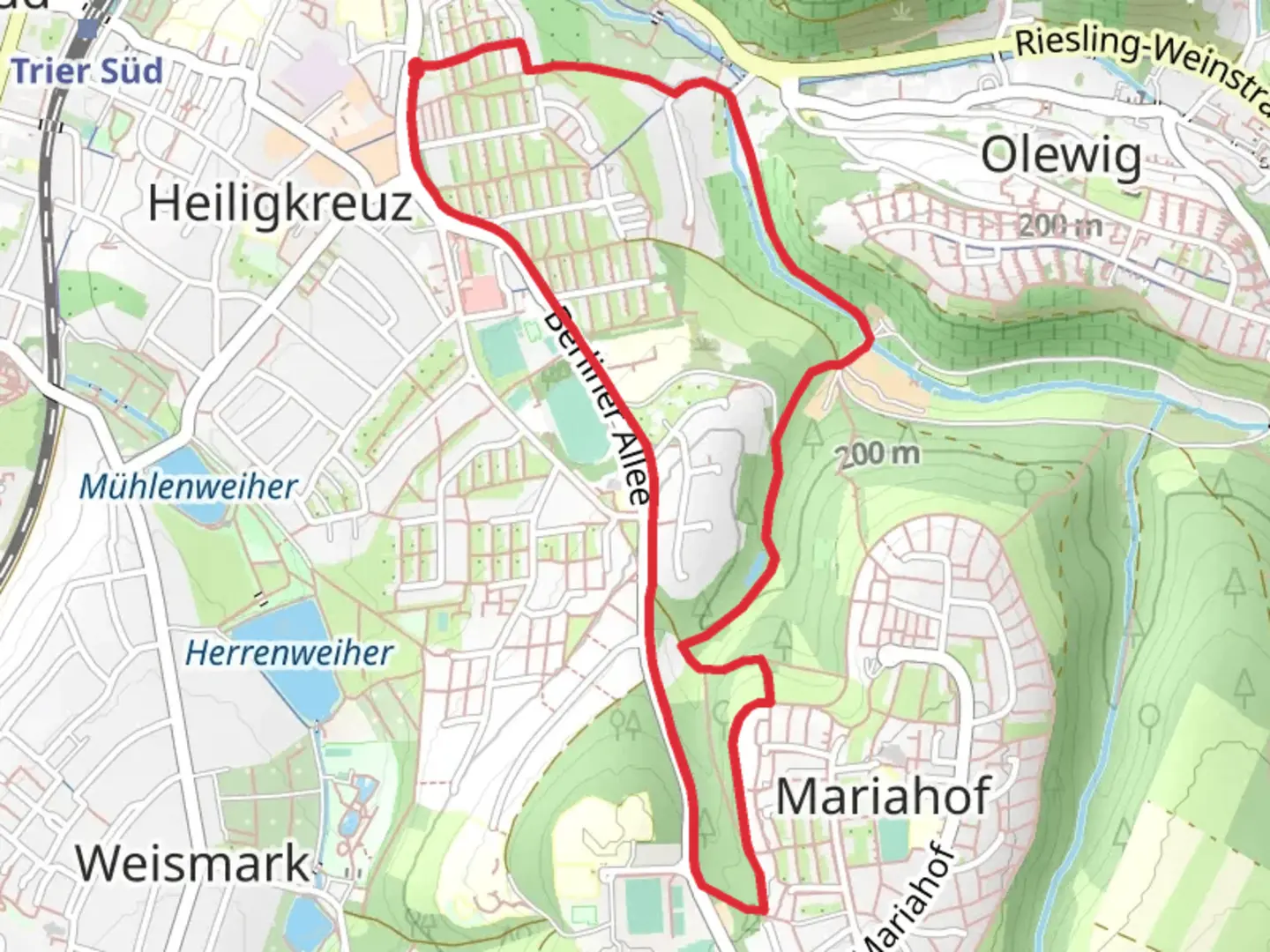 An image depicting the trail Reiher-Weiher and Tiergartenbach Loop and its surrounding area.