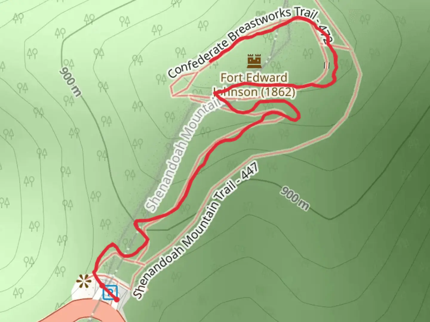 An image depicting the trail Confederate Breastworks Trail and its surrounding area.