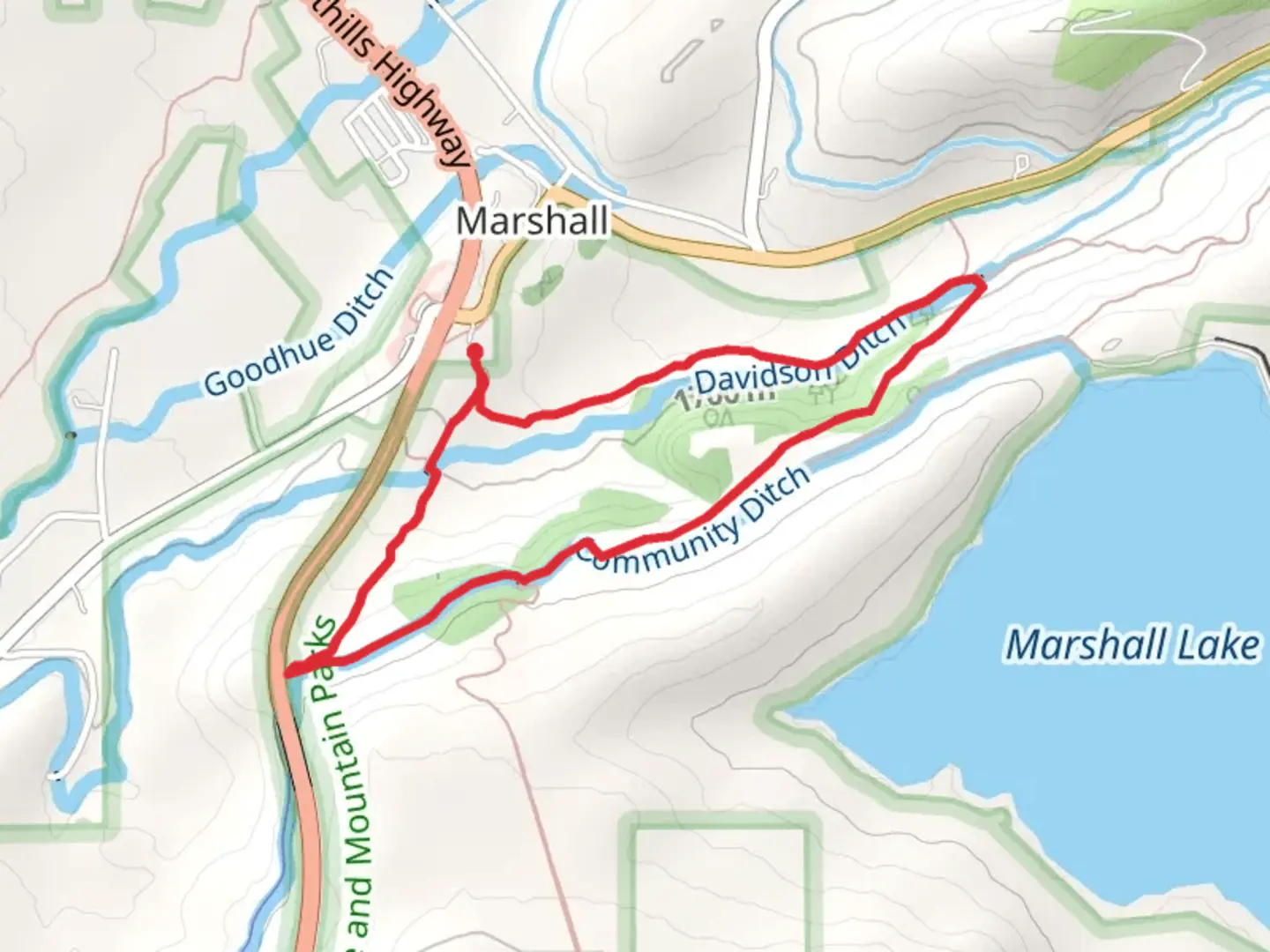 An image depicting the trail Marshall Valley, Marshalville Ditch and Coal Seam Loop Trail and its surrounding area.
