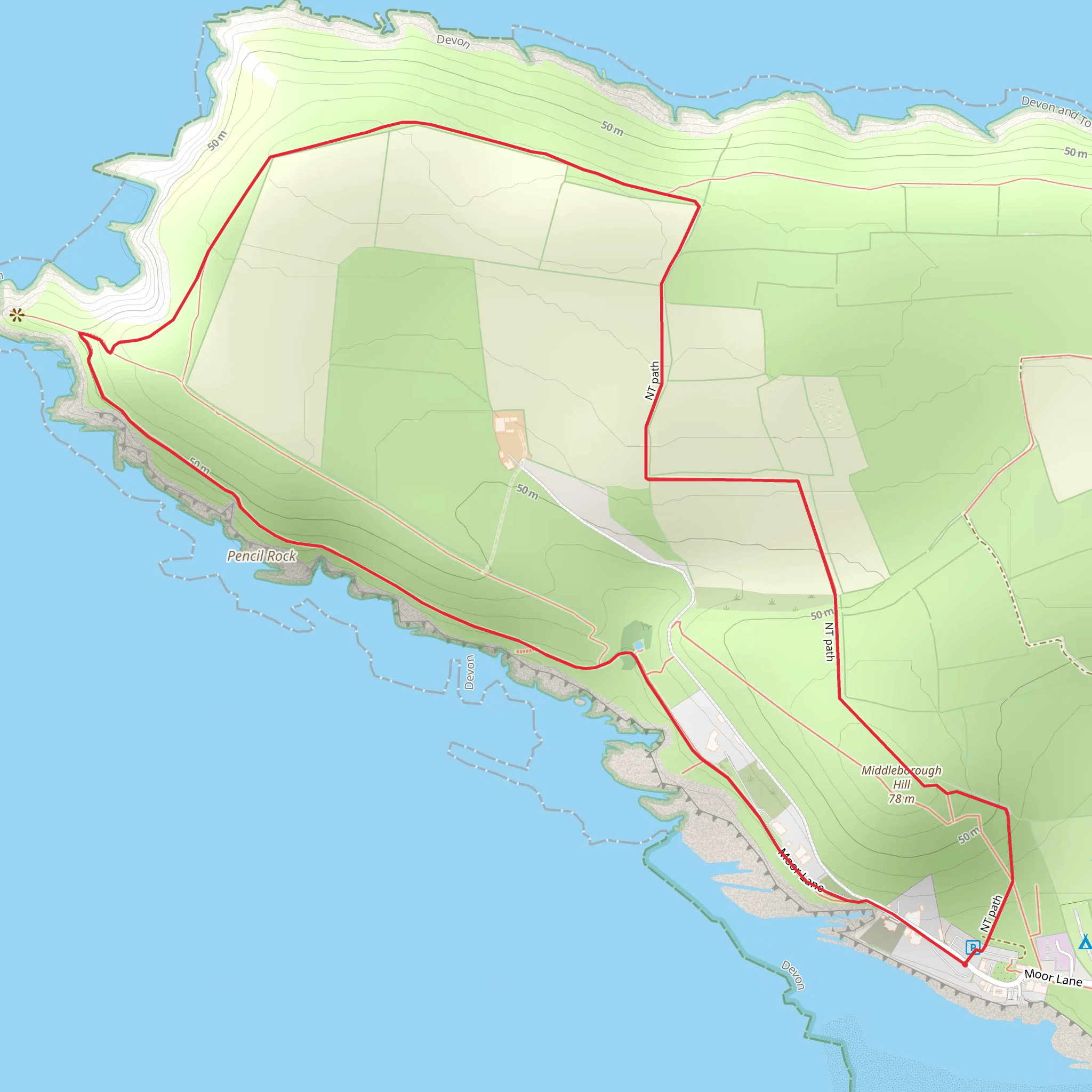 Baggy Point Circular Walk via Middleborough Hill mobile static map