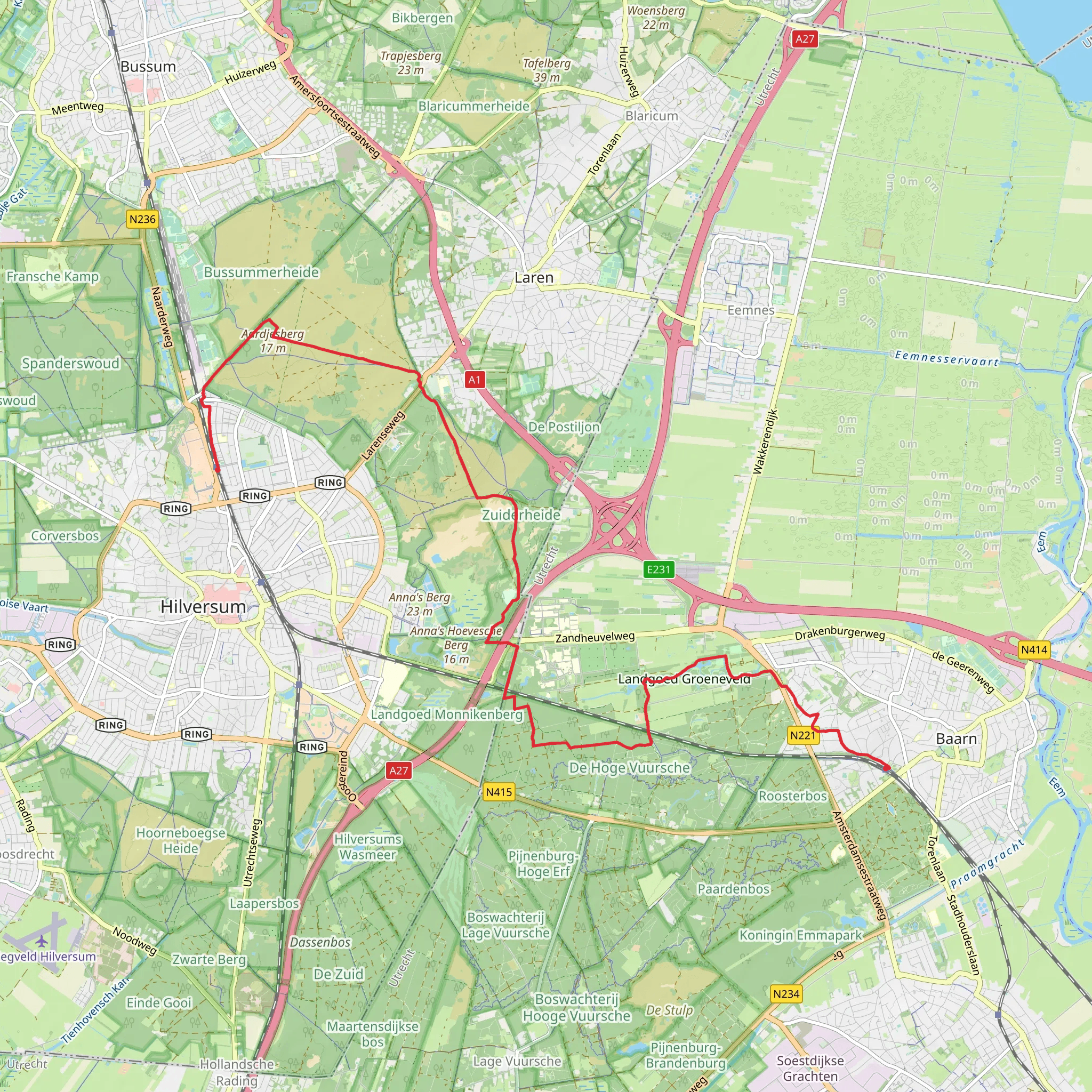 Baarn to Hilversum Media Park via Kasteel Groeneveld, Zevenbergjes and Aardjesberg mobile static map