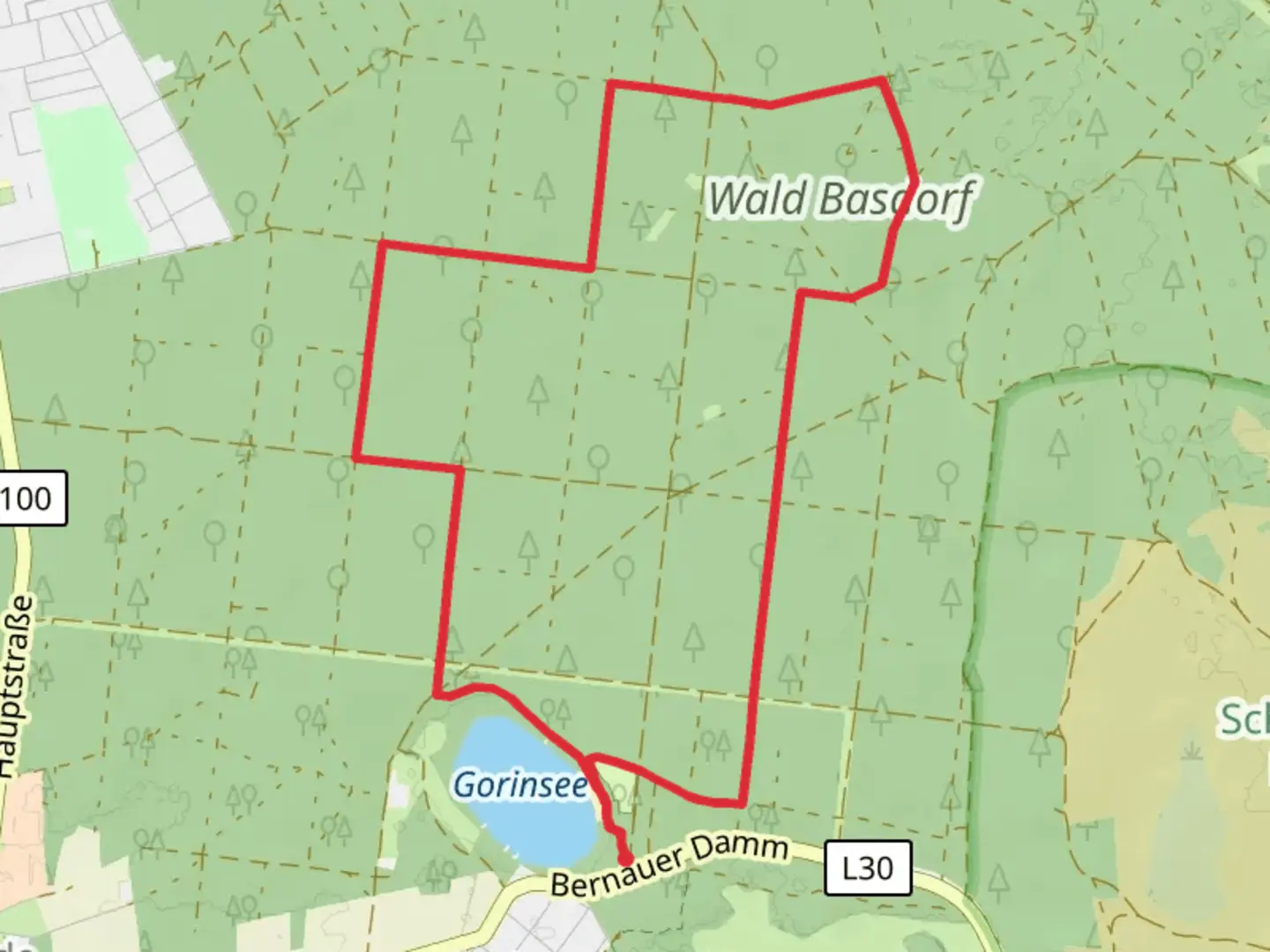 An image depicting the trail Gorinsee and Wald Basdorf Loop and its surrounding area.