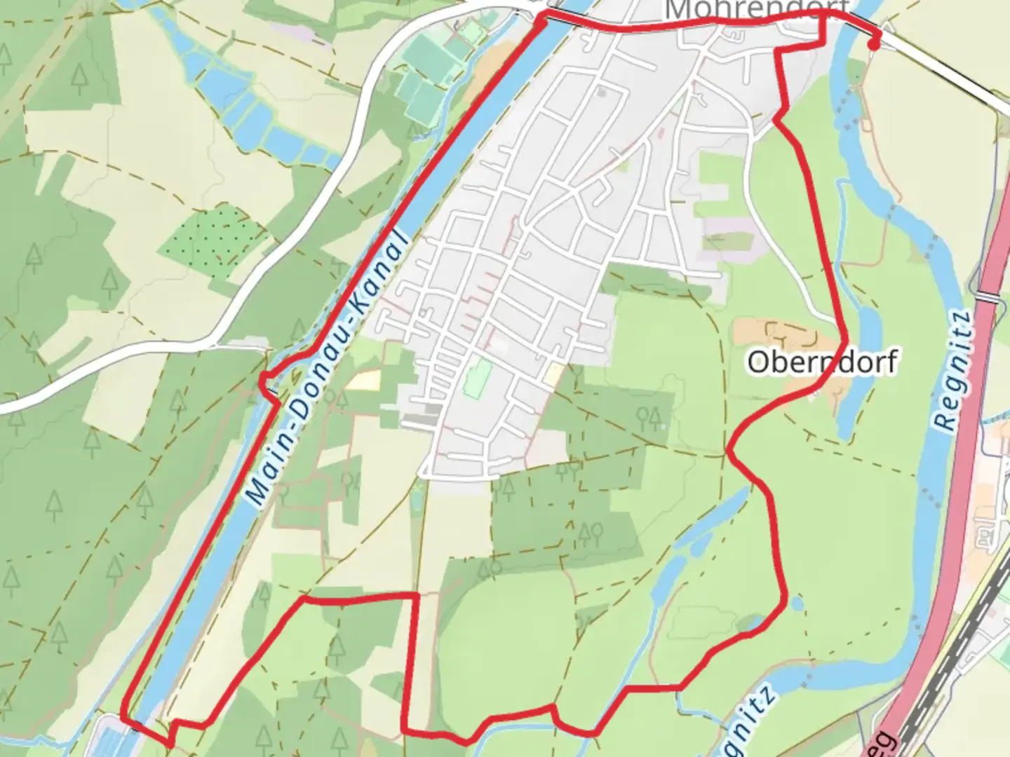 An image depicting the trail Main Donau Kanal via Naturerlebnispfad Erlangen and its surrounding area.