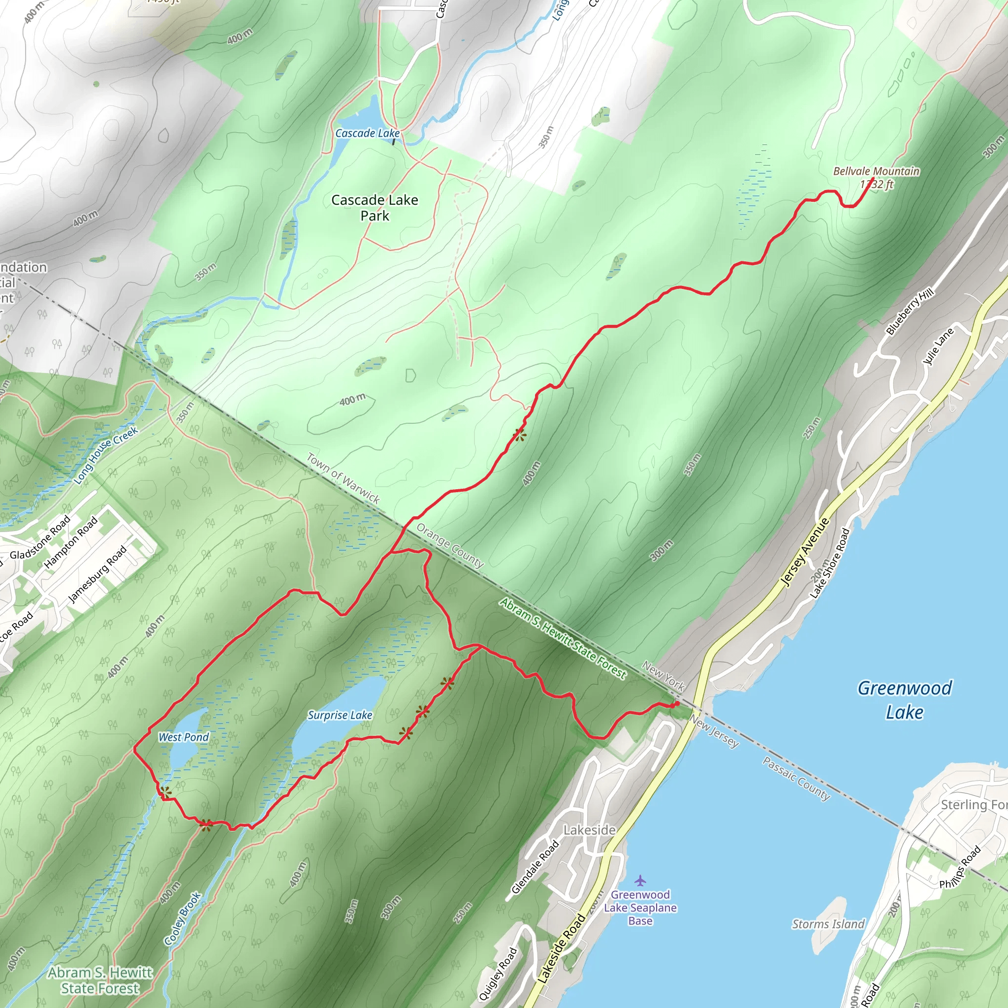 Surprise Lake and Bellvale Mountain via Ernest Walter Trail and State Line Trail mobile static map