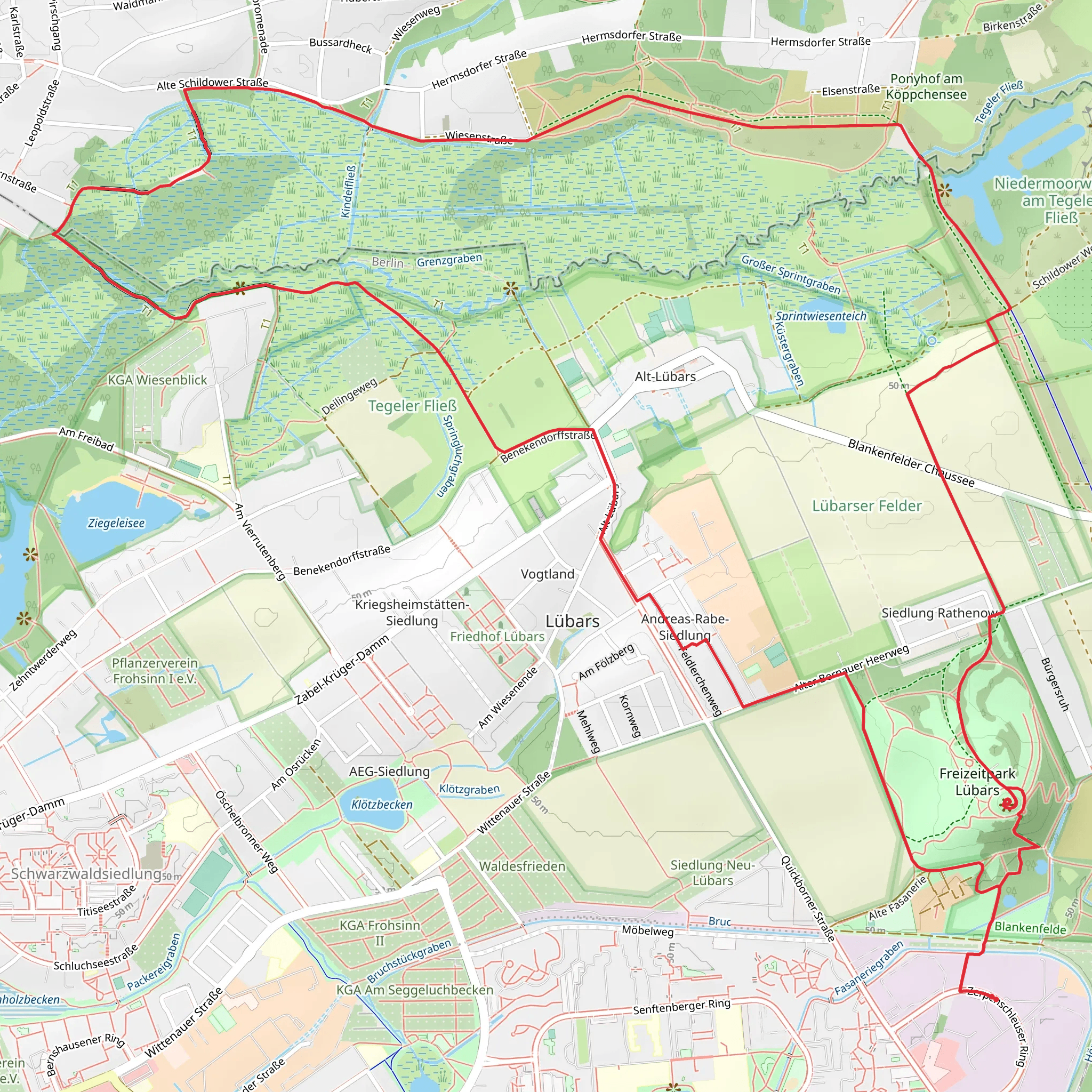 Lübarser Höhe via Grüner Balken Tegeler Fliesswal Weg mobile static map