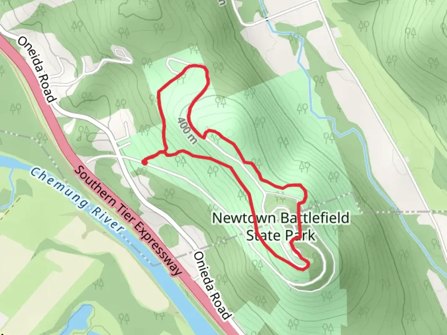 An image depicting the trail Newtown Battlefield State Park Loop and its surrounding area.
