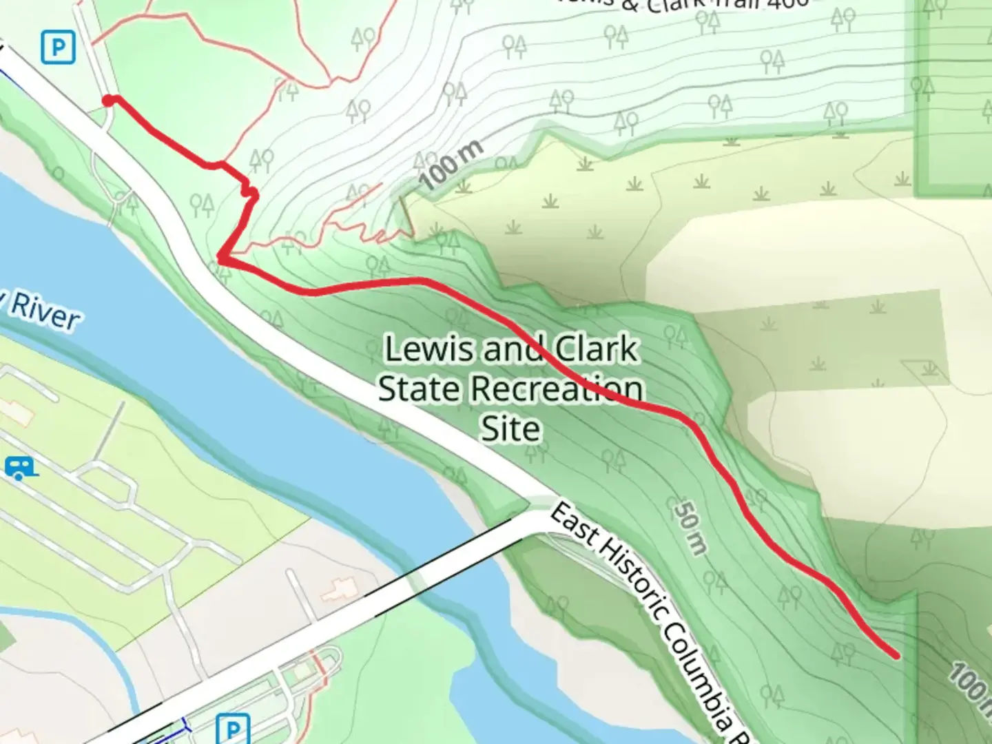 An image depicting the trail Walk along Sandy River from Northeast Jordan Road and its surrounding area.