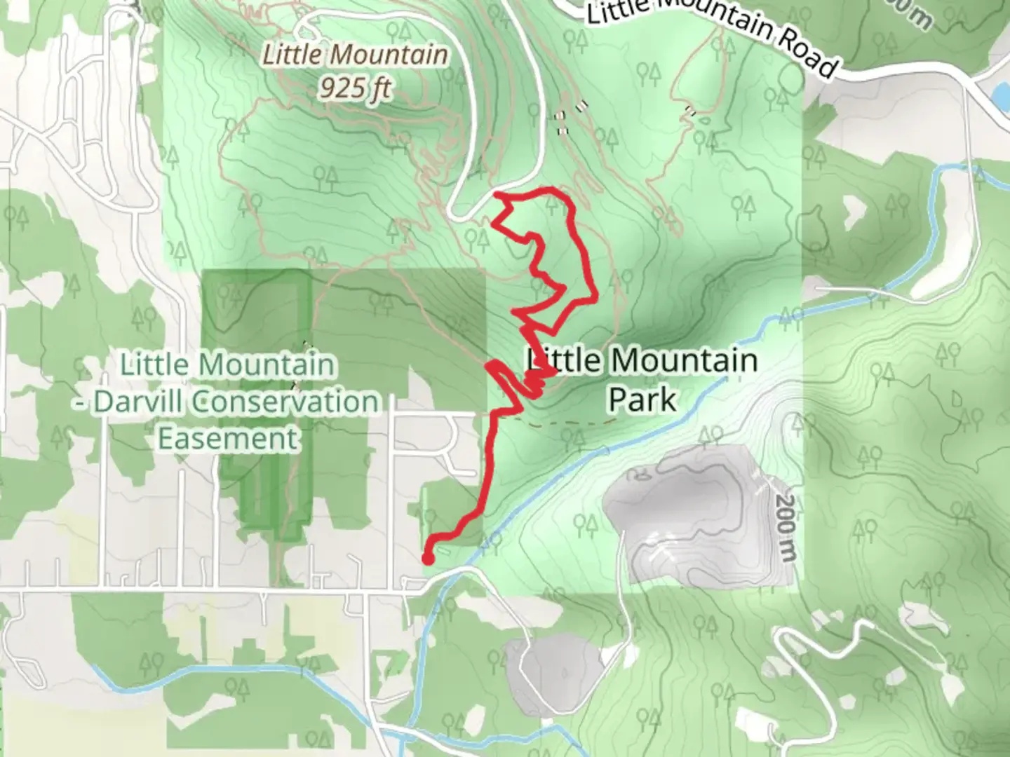 An image depicting the trail Little Mountain Park and Lower Surfer's Way and its surrounding area.