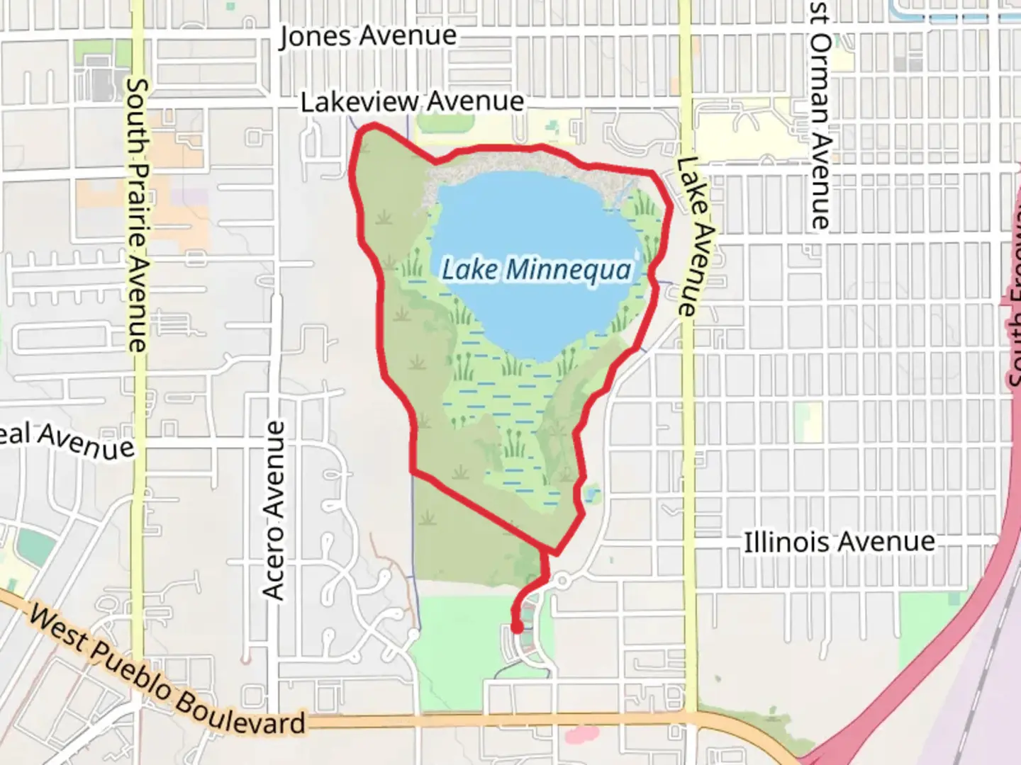 An image depicting the trail Lake Minnequa Loop and its surrounding area.