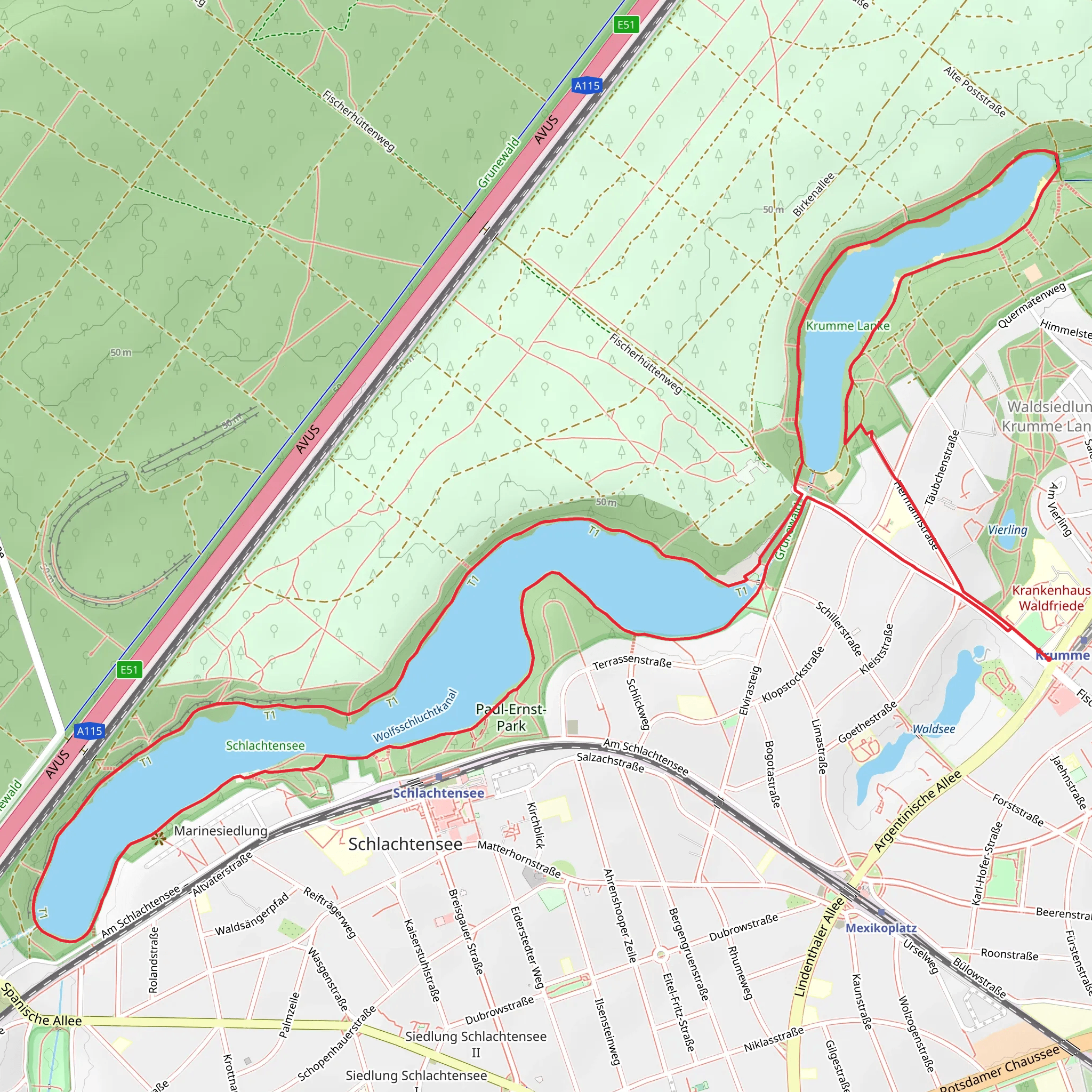 Schlachtensee and Krumme Lanke via Wannsee Weg mobile static map