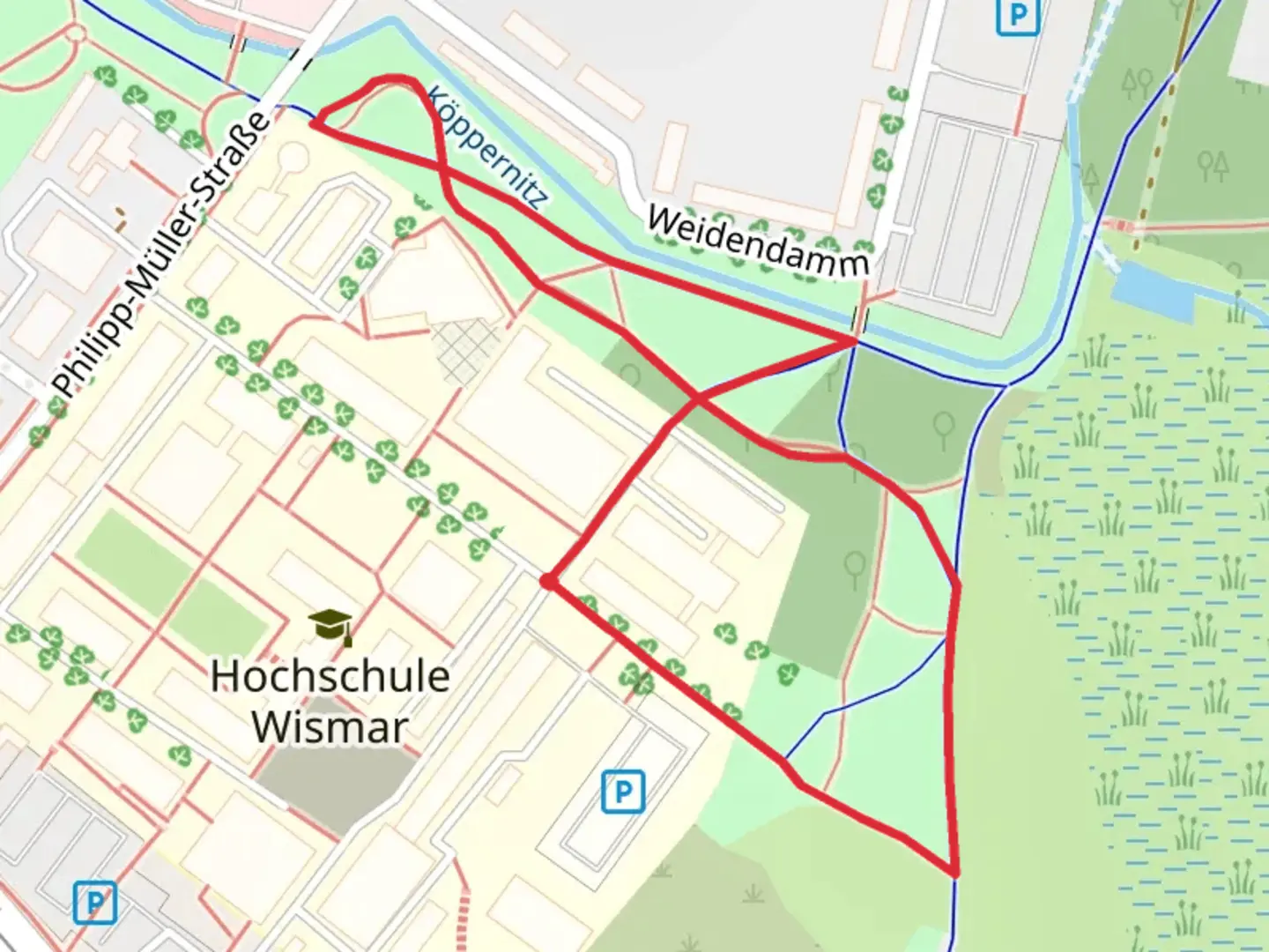 An image depicting the trail Koeppernitz via Hanseatenweg and its surrounding area.