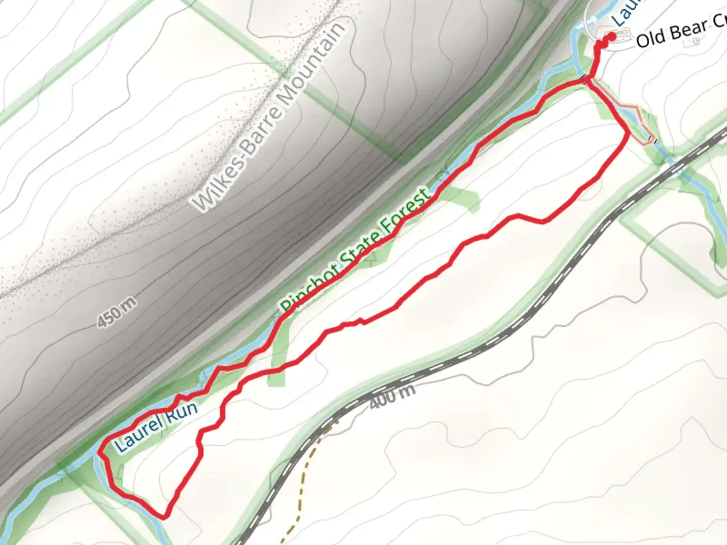 An image depicting the trail Laurel Run via Audubon Loop Trail and its surrounding area.