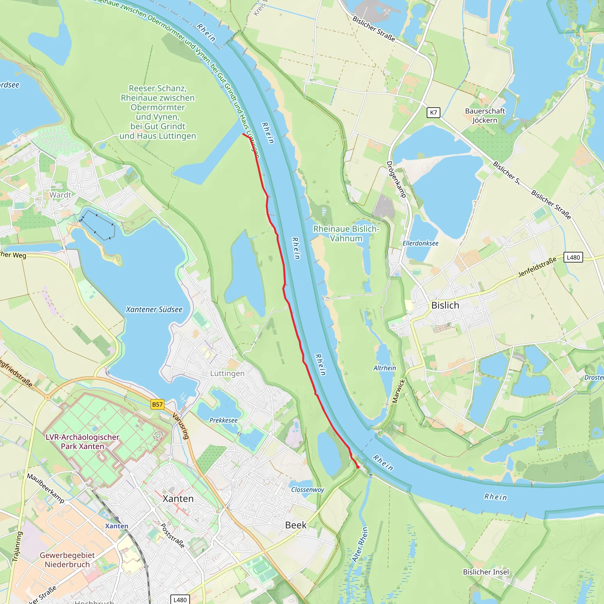 Rhine walk from Xanten mobile static map