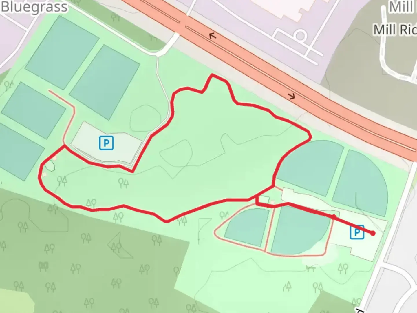 An image depicting the trail Wayne Hansard Park Loop and its surrounding area.