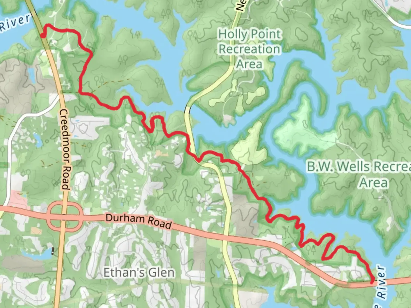 An image depicting the trail Neuse River - Falls Lake Trail and its surrounding area.