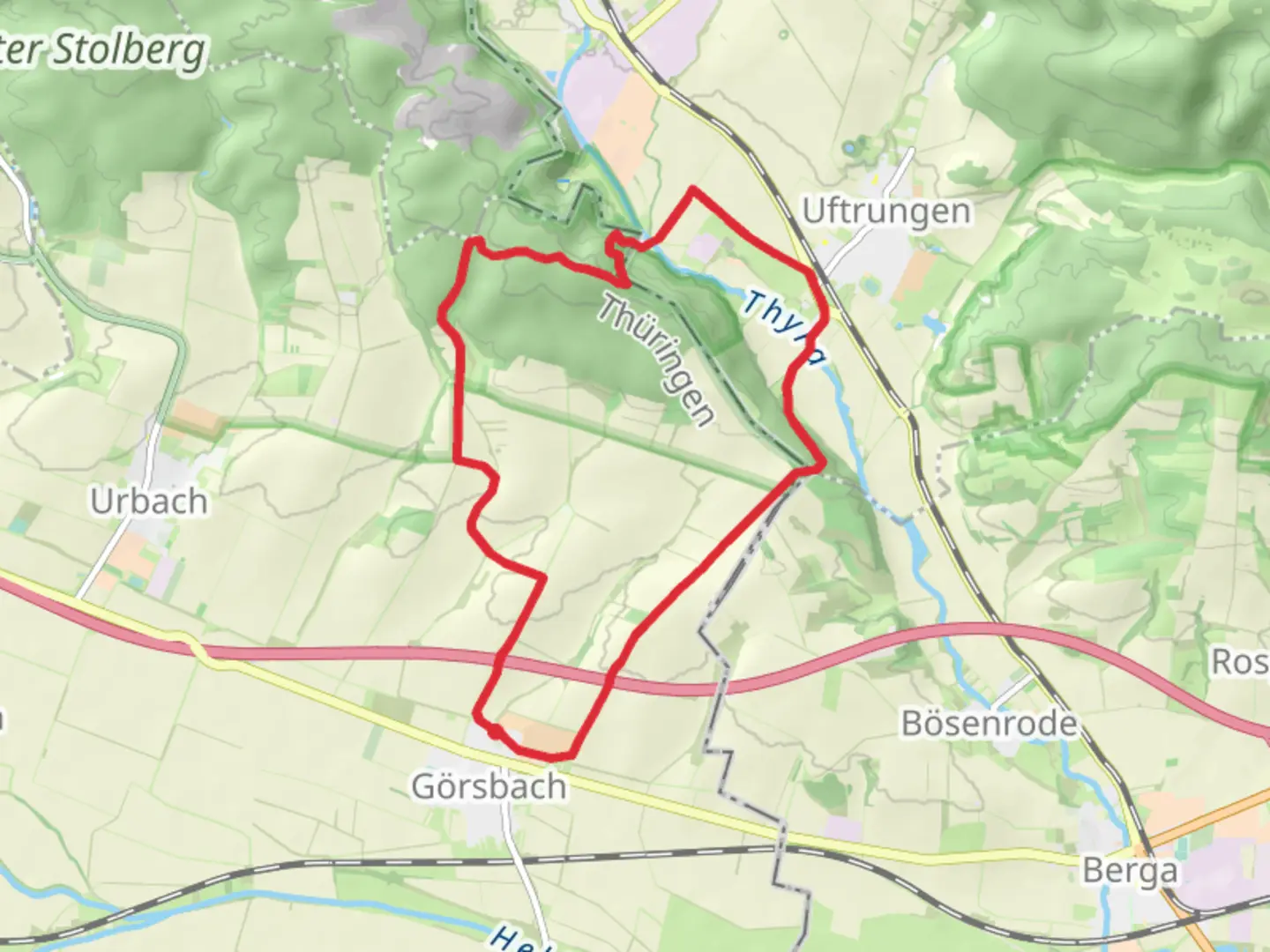 An image depicting the trail Reesberg and Heimkehle via Triftweg and Uftrunger Weg and its surrounding area.