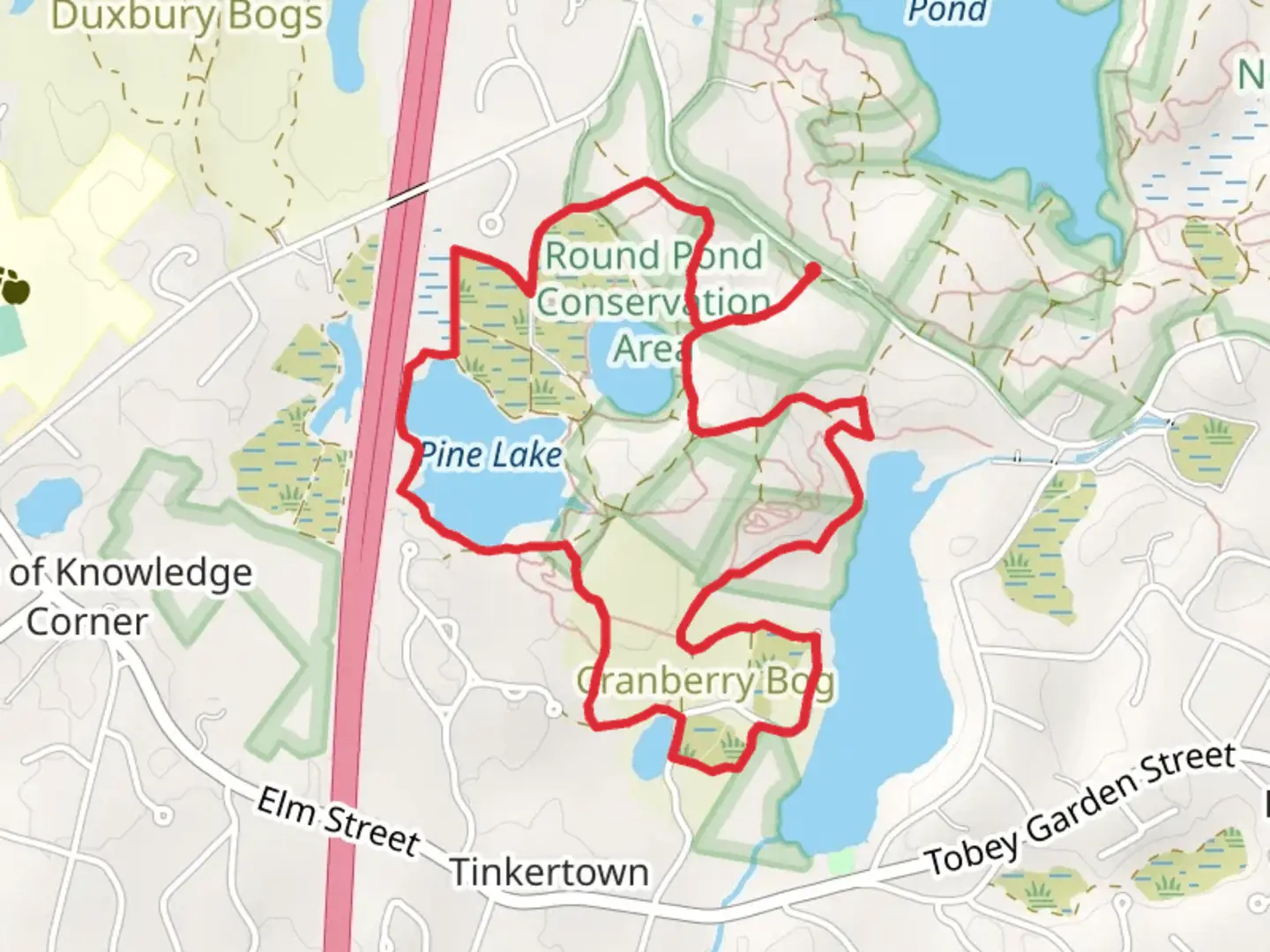 An image depicting the trail Pine Lake - Cranberry bog Loop and its surrounding area.