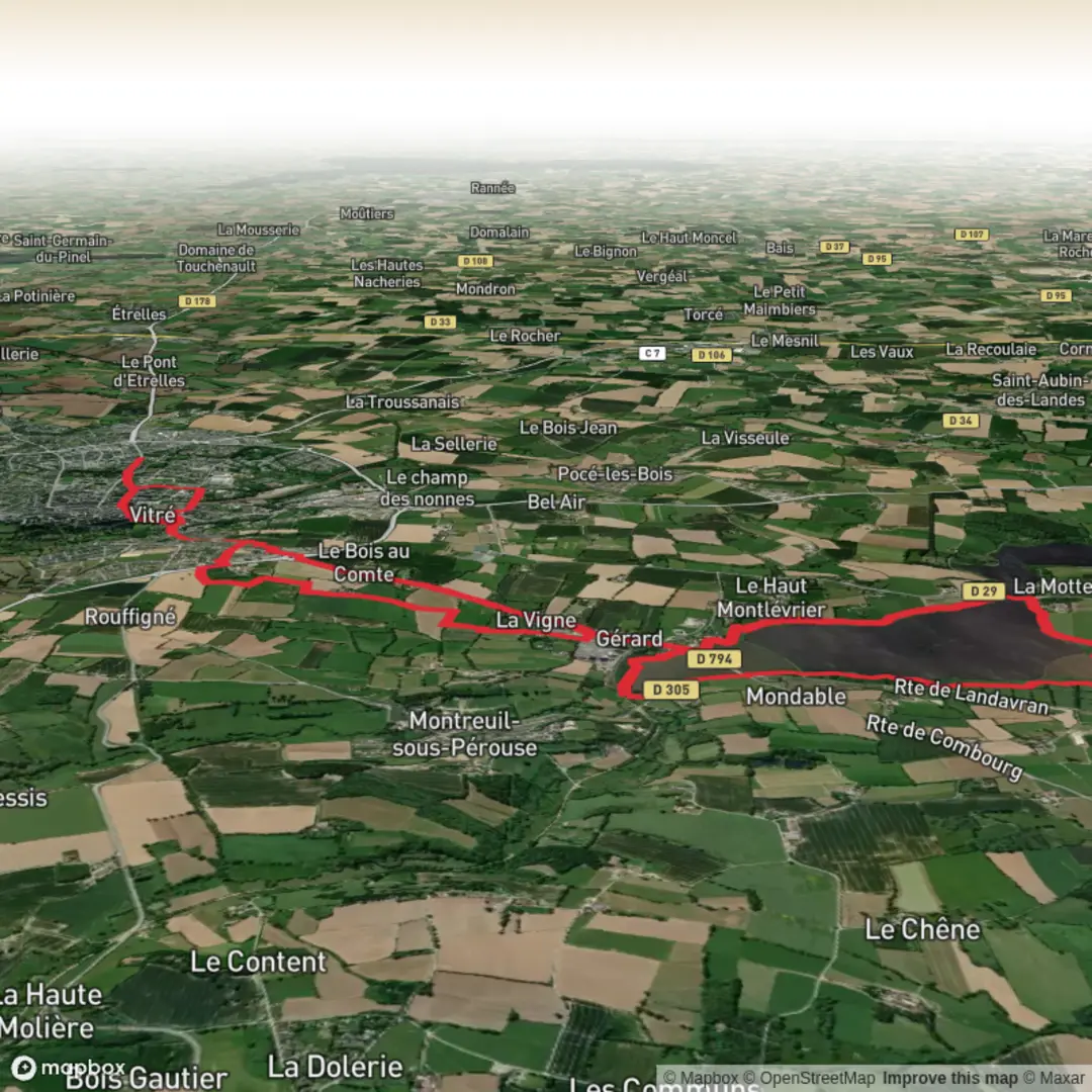 An image depicting the trail Petit Tour de la Cantache depuis Vitré and its surrounding area.